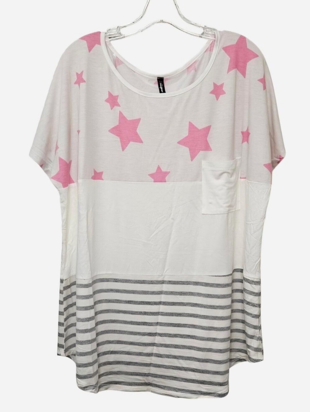 1Clique White & gray Stripes & pink stars Short Sleeve top Plus Size 2X